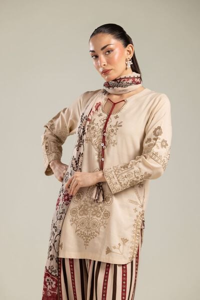 Embroidered | Raw Silk | Floral Beige Kurta | AED 60.00