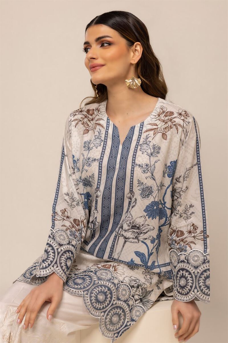 Printed Embroidered Kurta, WHITE, hi-res image number null