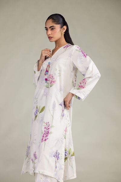 Printed | Cotton Viscose | White V-Neck Kurta | AED 130.00