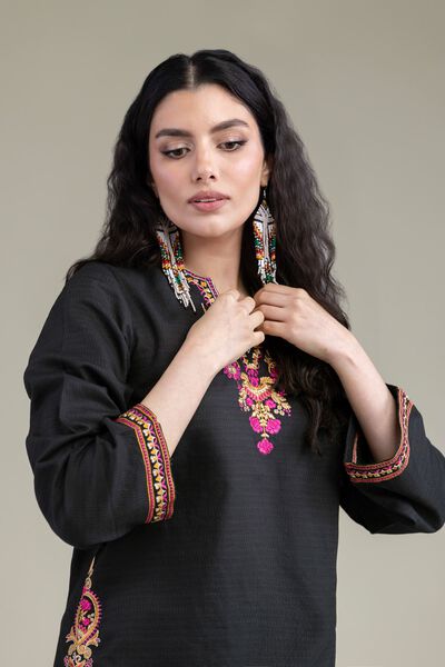Embroidered | Cotton Dobby | Black V-Neck Kurta | AED 130.00