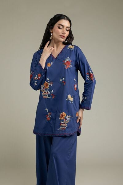 Embroidered | Cambric | Blue V-Neck Kurta | AED 180.00