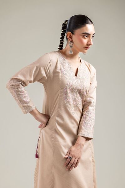 Embroidered |Cotton Dobby | Beige Embroidered Kurta | AED 150.00
