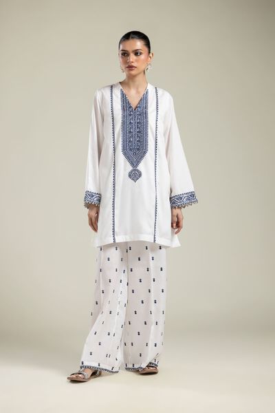 Embroidered | Textured Weave | Geometric White Pants | AED 100.00
