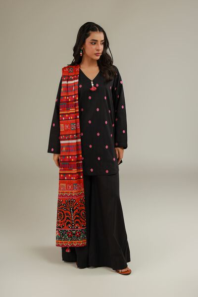 Embroidered | Cotton Dobby | Black Embroidered Pants | AED 100.00