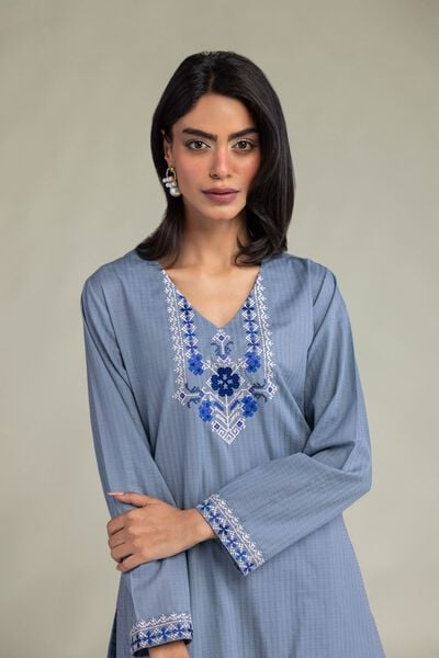 Embroidered | Cotton Dobby | Blue V-Neck Kurta | AED 150.00