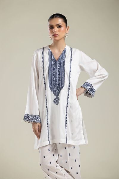 Embroidered | Textured Weave | White Embroidered Kurta | AED 150.00