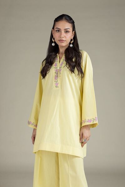 Embroidered | Textured Cambric | Floral V-Neck Kurta | AED 150.00
