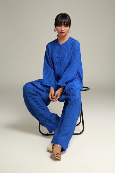 Dyed | Blended Crinkle | Blue Longline Kurta | AED 150.00