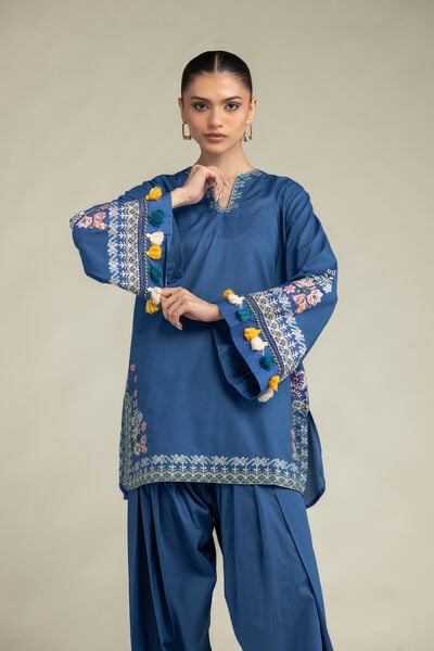 Embroidered | Cambric | Floral Blue Kurta | AED 230.00