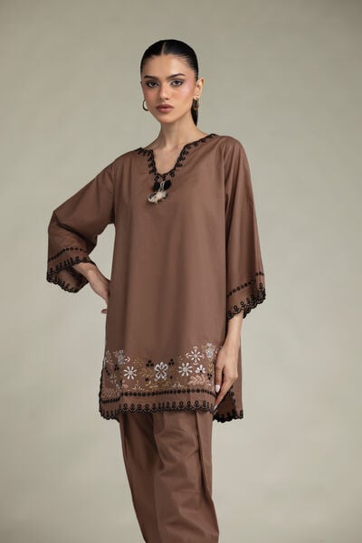 Embroidered | Cambric | Short Brown Kurta | AED 200.00