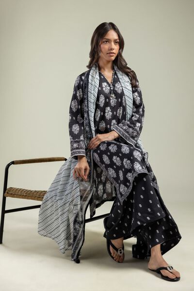 Printed | Cambric | Black Longline Kurta | AED 100.00