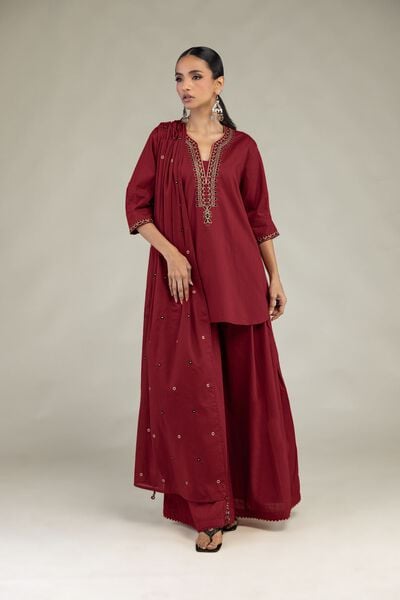 Textured Cotton | Embroidered | V-Neck Cotton Kurta | AED 130.00