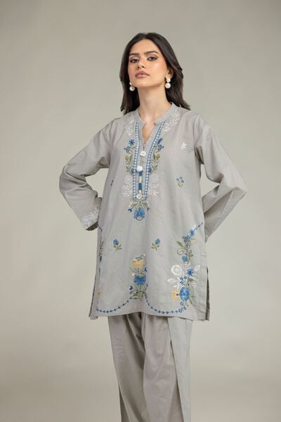 Embroidered | Cotton Dobby | Gray Cotton Kurta | AED 180.00