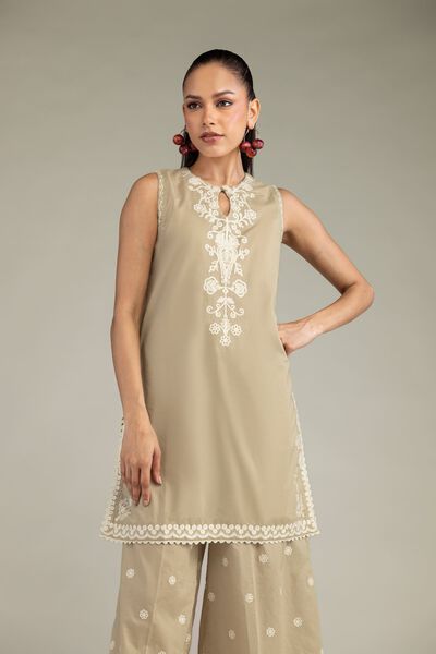 Embroidered | Cambric | Beige Sleeveless Kurta | AED 100.00