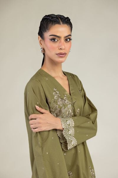 Embroidered | Cotton Dobby | Olive V-Neck Kurta | AED 200.00