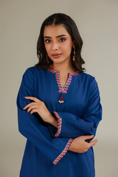 Embroidered | Cotton Dobby | Solid Blue Kurta | AED 130.00