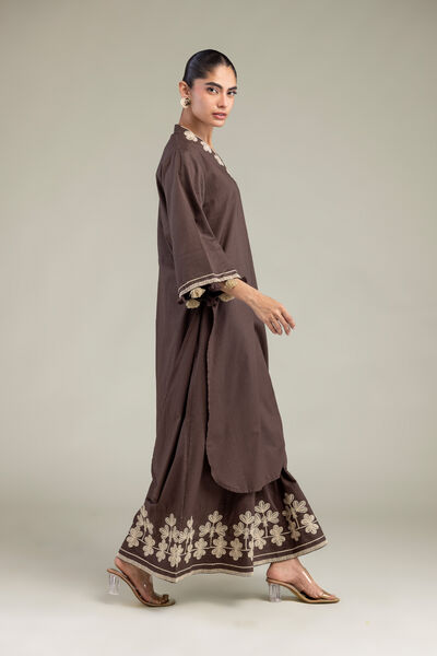 Embroidered | Cotton Dobby | Floral Brown Pants | AED 150.00