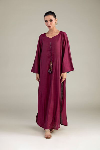 Dyed | Textured Raw Silk | Maroon Longline Kurta | AED 180.00