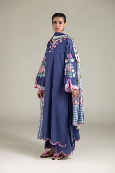 Embroidered | Textured Cotton | Relaxed Scalloped Pants | AED 130.00