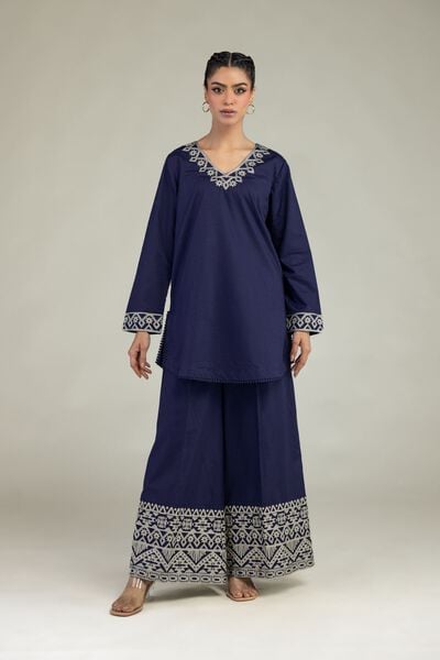 Embroidered | Cotton Dobby | Cotton Navy Pants | AED 180.00