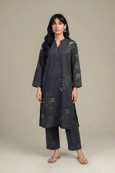 Printed | Light Khaddar | Black V-Neck Kurta | AED 180.00