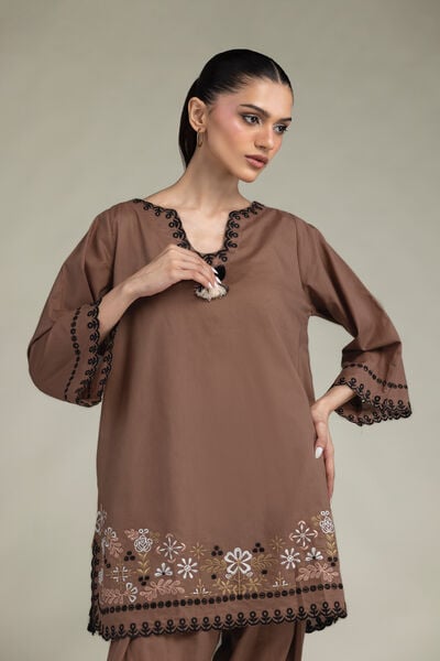Embroidered | Cambric | Short Brown Kurta | AED 200.00