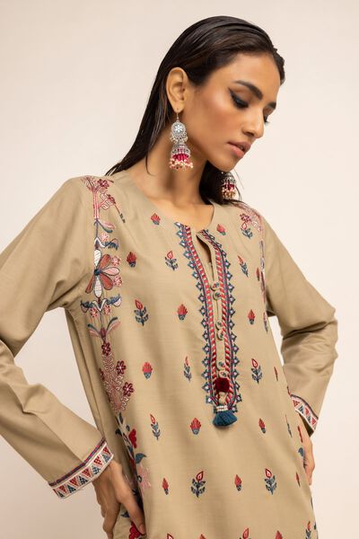 Kurta | Embroidered, BROWN, hi-res
