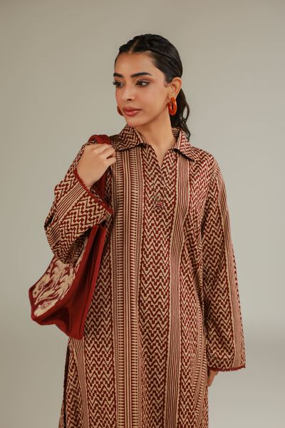 Printed | Textured Cotton | Brown Cotton Kurta | AED 120.00