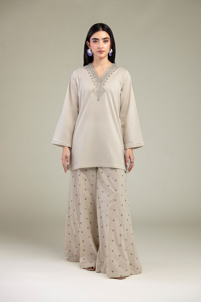 Embroidered | Cambric | Beige Cambric Pants | AED 150.00