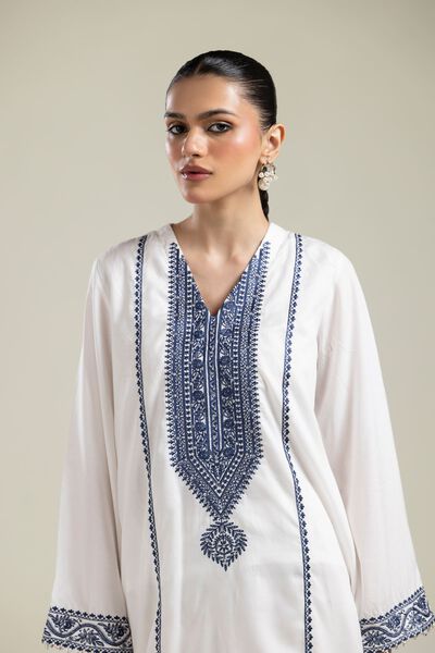 Embroidered | Textured Weave | White Embroidered Kurta | AED 150.00