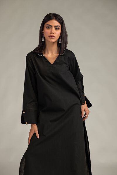Embroidered | Textured Cotton | Long Black Kurta | AED 130.00