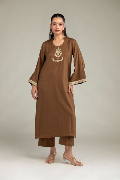 Dyed | Raw Silk | Solid Brown Pants | AED 130.00