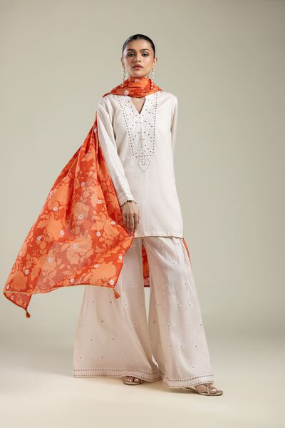 Embroidered | Textured Weave | Orange Floral Dupatta | AED 130.00