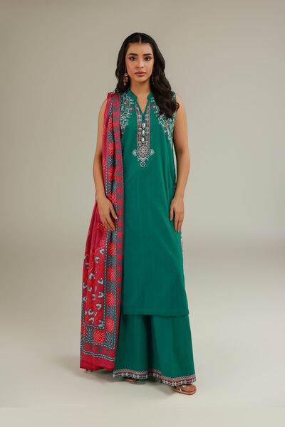 Embroidered | Cotton Dobby | Green Cotton Pants | AED 130.00