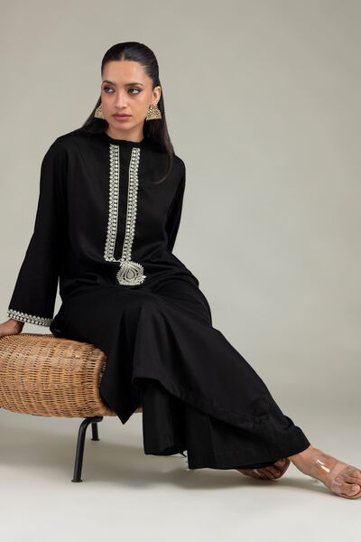 Dyed | Raw Silk | Black Longline Kurta | AED 150.00