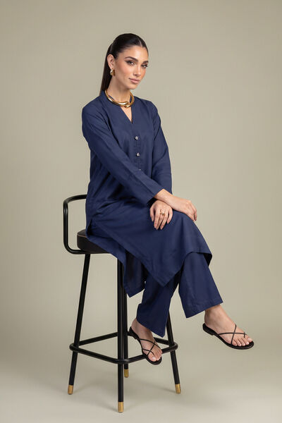 Dyed | Raw Silk | Navy V-Neck Kurta | AED 150.00