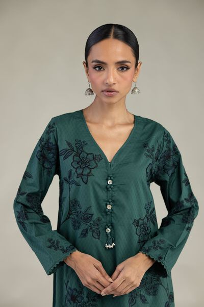 Embroidered | Cotton Dobby | Green Longline Kurta | AED 250.00