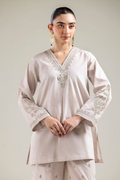 Embroidered |Cotton Dobby | Off-white V-Neck Kurta | AED 130.00