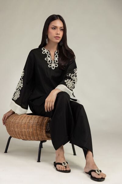 Embroidered | Cotton Dobby | Black V-Neck Kurta | AED 130.00
