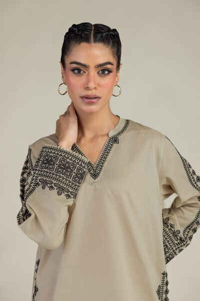 Embroidered | Cotton Dobby | Beige V-Neck Kurta | AED 200.00