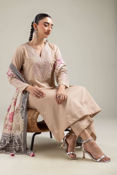 Embroidered |Cotton Dobby | Beige Embroidered Kurta | AED 150.00