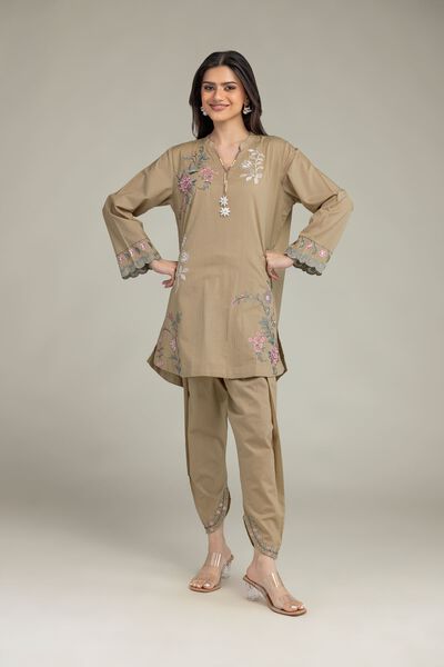 Embroidered | Cotton Dobby | Floral Beige Shalwar | AED 80.00