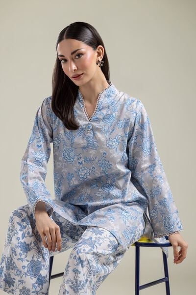 Printed | Cotton Viscose | Gray Floral Kurta | AED 130.00