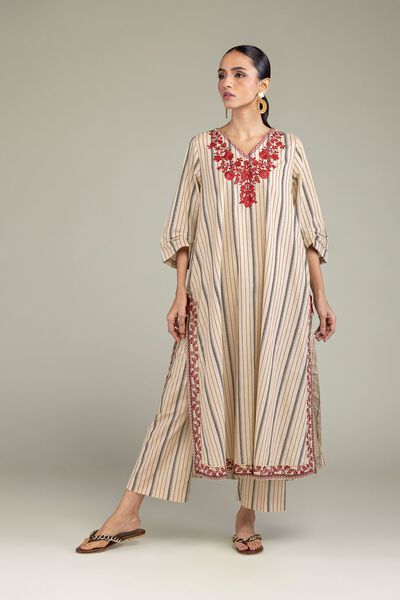 Embroidered | Cambric | Beige Cambric Pants | AED 80.00