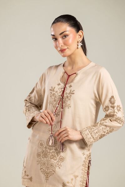 Embroidered | Raw Silk | Floral Beige Kurta | AED 60.00