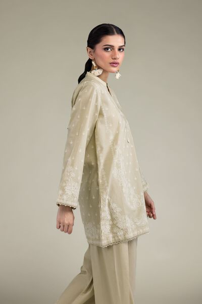 Printed | Cambric | Beige Band-Collar Kurta | AED 150.00