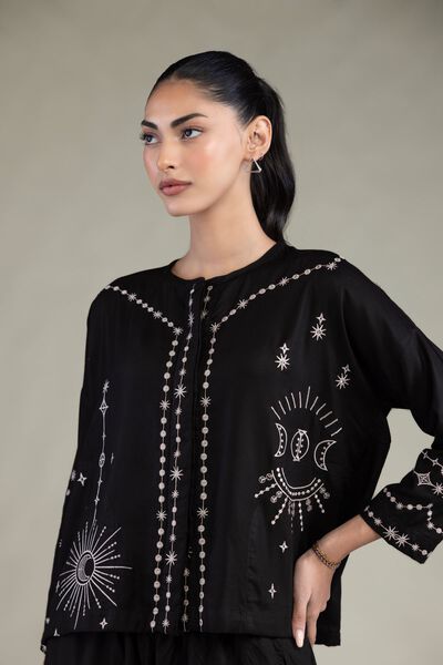 Embroidered | Viscose Crepe | Black Round-Neck Shirt | AED 150.00