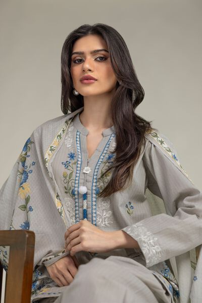Embroidered | Cotton Net | Gray Floral Dupatta | AED 80.00