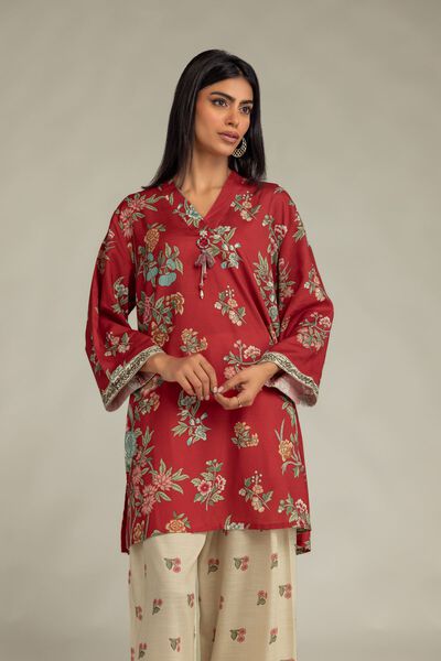 Printed | Raw Silk | Floral Red Kurta | AED 180.00