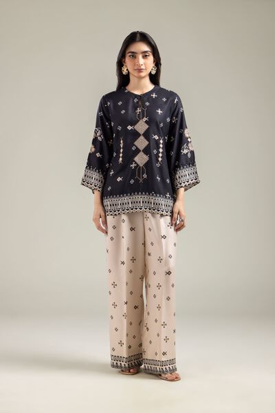 Embroidered | Viscose Crepe | Geometric Beige Trousers | AED 50.00